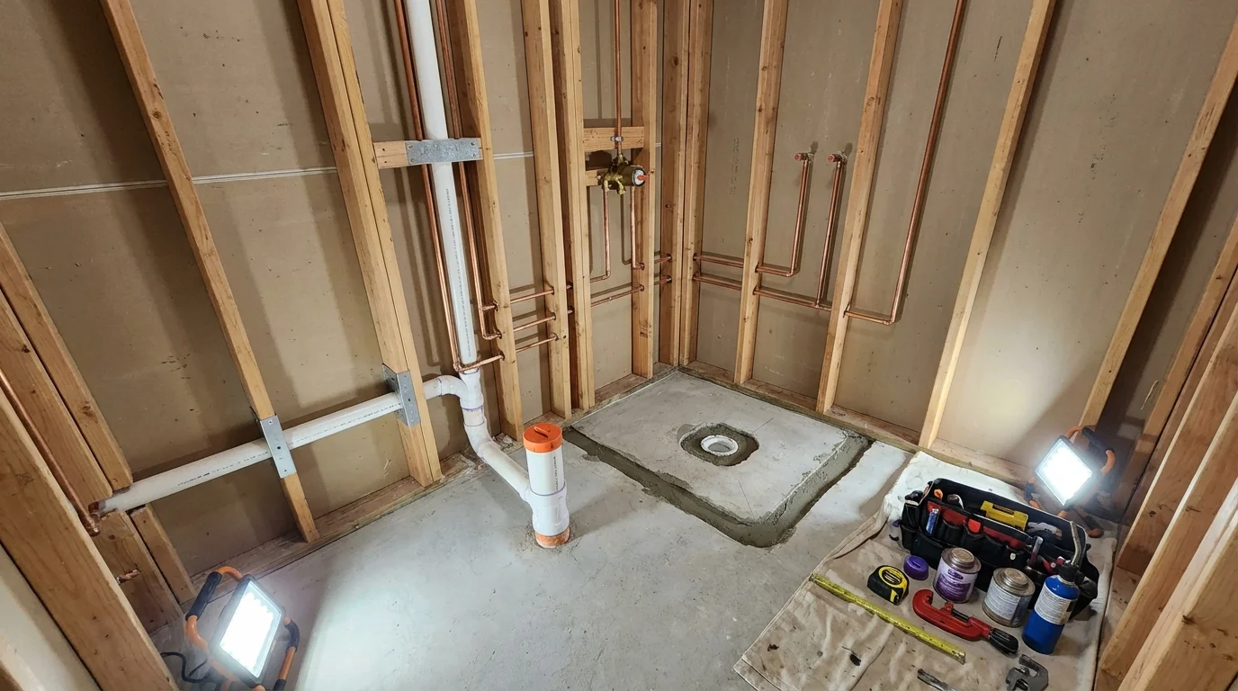 Bathroom rough-in plumbing during remodel by Johns Plumbing LLC in Connelly Springs