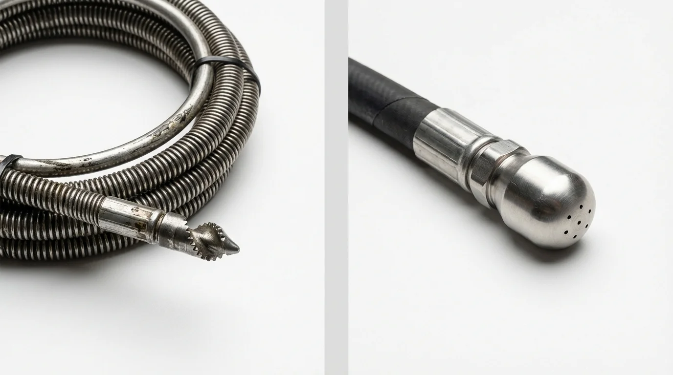Drain snake cable and hydro jetting nozzle used for drain cleaning in Connelly Springs, NC