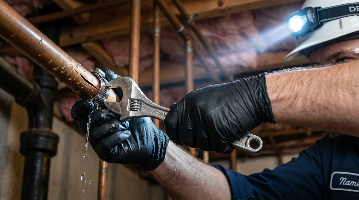 Emergency pipe clamp repair being performed by a Johns Plumbing LLC plumber in Connelly Springs