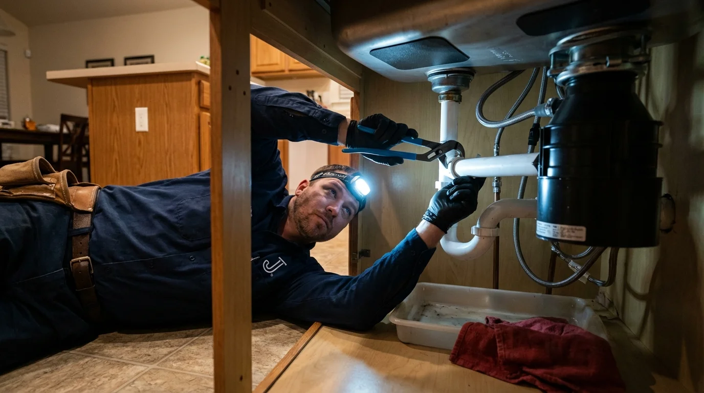 P-trap and supply line connections under a kitchen sink showing a common leak point in Connelly Springs, NC